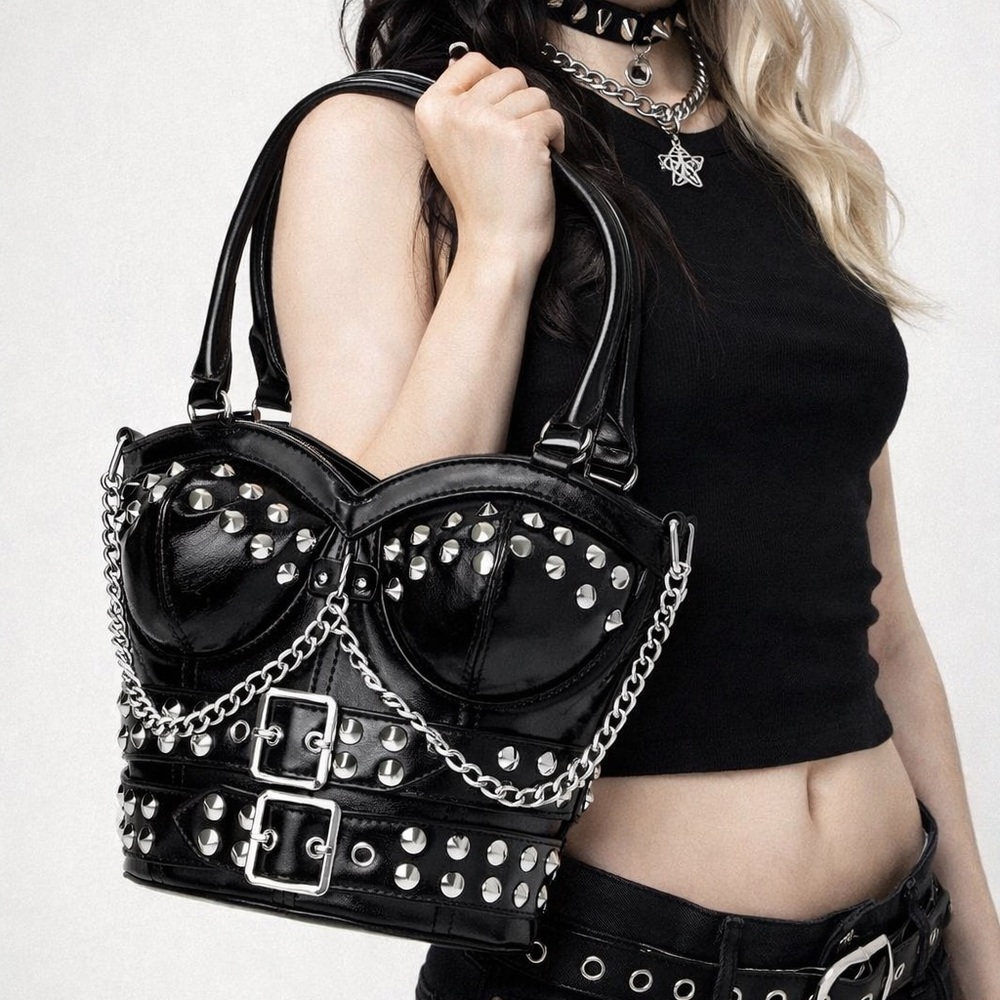 Fashion Nova Heart Throb Black Studded Corset Chain-Accent Shoulder Bag w/ Chain - Picture 13 of 13
